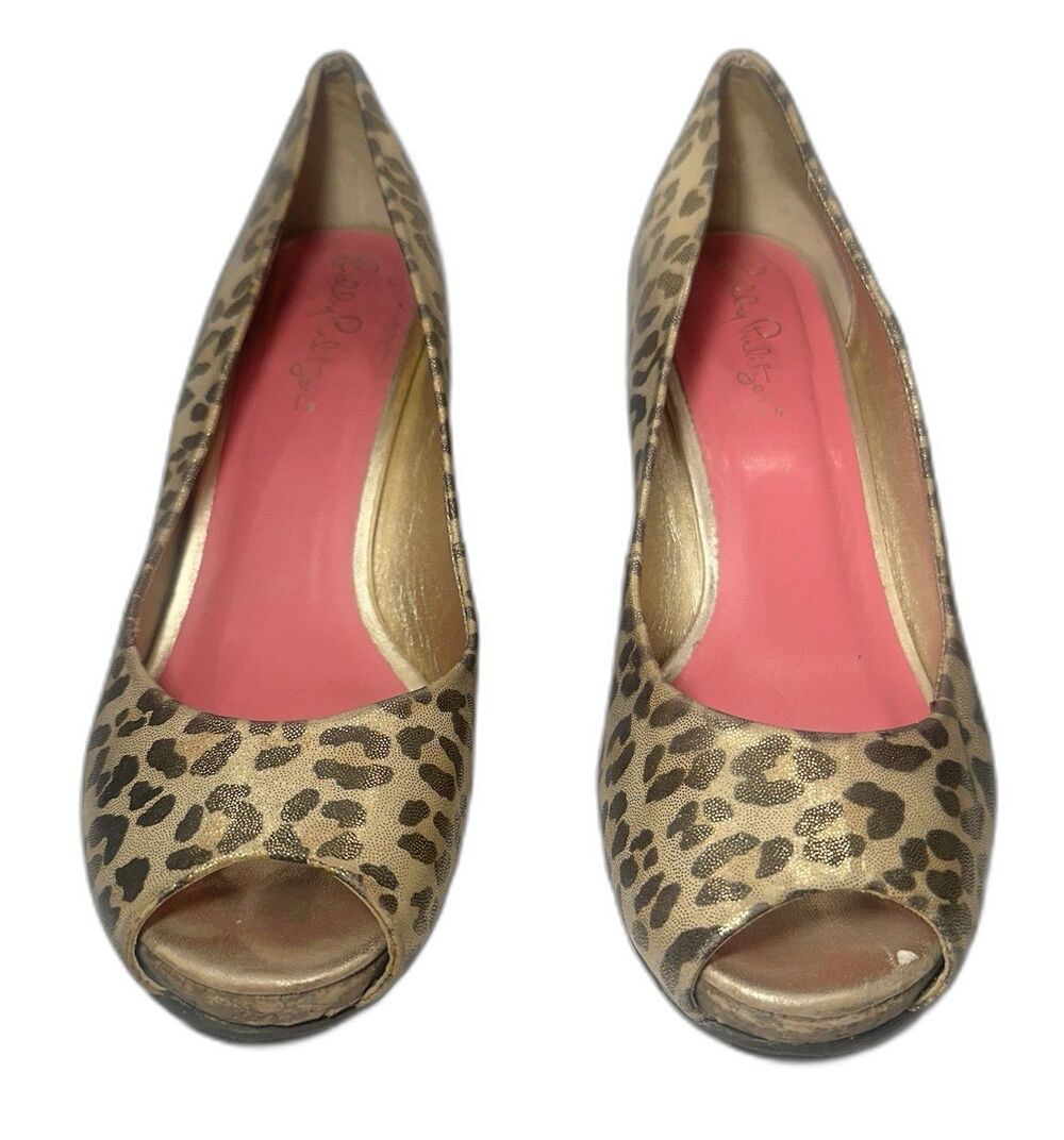 Lilly Pulitzer Leopard Print Cork Wedge Peep Toe Heels Women’s 6M